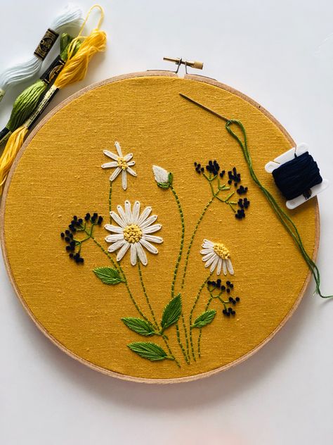 Embroidery Yellow Fabric, Embroidery On Yellow Fabric, Card Boards, Tassels Tutorials, Yellow Tote Bag, Green Birthday, White And Blue Flowers, Handmade Embroidery Designs, Hand Embroidery Videos