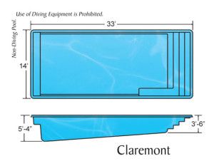 Claremont Fiberglass Swimming Pool Dimensions House Pools, Swimming Pool Dimensions, Pool Dimensions, Pool Design Plans, Viking Pools, Latham Pool, Pool Plumbing, Inground Fiberglass Pools, Rectangle Pool