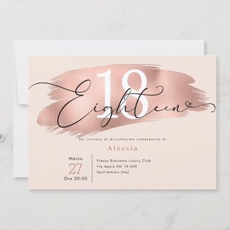 18th Birthday Party Rose Gold & Pink Invitation | Zazzle.com Eighteenth Birthday Invitation, Invitation For 18th Birthday Design, Invitation Card Design Landscape, Design For 18th Birthday Party, Elegant Party Invitations, Invitation 18th Birthday Design, Rose Gold Background For Invitation, 18th Birthday Party Invitations Ideas, 18th Bday Invitation Card