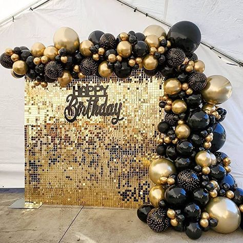 Amazon.com : Light Gold Shimmer Wall Backdrop- 24 pcs Decorations Panel Glitter Bling Photo Background Backdrop for Birthday Decorations,Wedding & Engagement, Anniversary Décor(Champagne) : Electronics Balloon Arch Black And Gold, Black And Gold Birthday Backdrop, Themed Party Ideas For Adults, Black And Gold Balloon Arch, Black And Gold Party, Shimmer Wall Backdrop, Diy Girlande, Sequin Wall, Balloons Garland