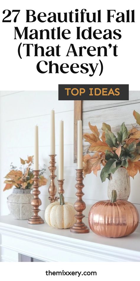 27 creative fall mantle decorations featuring white pumpkins, candles, and foliage in vases. Nature, Fall Fire Mantle Decor, Diy Fall Mantel Decor, Mantle Fall Decorating Ideas, Fall Fireplace Decor Mantles With Tv, Fall Decor Ideas For The Home 2024, Fall Mantels Mantles Decor, Fall Mantle Decor Ideas, Fall Decor 2024