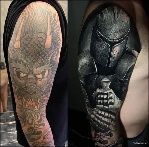 75+ Best Cover Up Tattoo Designs And Ideas For Men & Women White Over Black Tattoo, Armor Sleeve Tattoo, Shoulder Cover Up Tattoos, Dark Tattoos For Men, Tattoo Sleeve Cover Up, Tatuaje Cover Up, Cover Up Tattoos For Men, Shoulder Armor Tattoo, Body Armor Tattoo