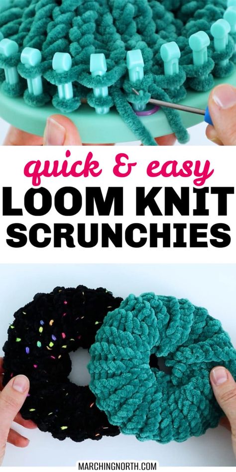 Learn how to make these quick and easy loom knit scrunchies in this step by step tutorial, free pattern and video! They make great last minute gifts and are easy on your hair if you use chenille yarn like I did in this pattern! | loom knitting for beginners | free loom knitting patterns | how to loom knit | DIY knitted scrunchies Loom Knit Keychains, Loom Knitting Scrunchies, Loom Knitting Scarf Easy, Loom Knit Scrunchies, Knit Loom Patterns For Beginners, Round Loom Scarf, Loom Knitting Stitches For Beginners, Loom Knit Halloween Projects, Loom Knit Hat Patterns Free