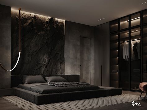 Masculine Industrial Bedroom, Gray And Black Bedroom Ideas, Adult Male Bedroom Ideas, Modern Masculine Bedroom, Moody Bedroom Ideas, Dark And Moody Bedroom, Male Bedroom, Male Bedroom Ideas, Interior Design Examples