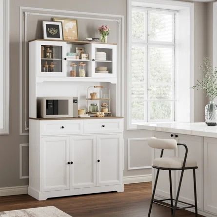 Lark Manor Arizana Kitchen Pantry | Wayfair Pantry With Microwave Shelf, Pantry With Microwave, Microwave Countertop, Pantry Features, Modern Kitchen Pantry, White Kitchen Cart, Large Cabinets, Microwave Shelf, Kitchen Hutch