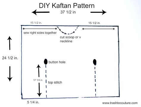 DIY Kaftan Caftan pattern= I made many of these years ago short ones for tops above knee for swim cover up and long for lounging. Diy Kaftan, Kaftan Dress Pattern, Pola Kebaya, Boho Sewing, Caftan Pattern, Kemeja Lelaki, Kaftan Pattern, Trash To Couture, Diy Kimono