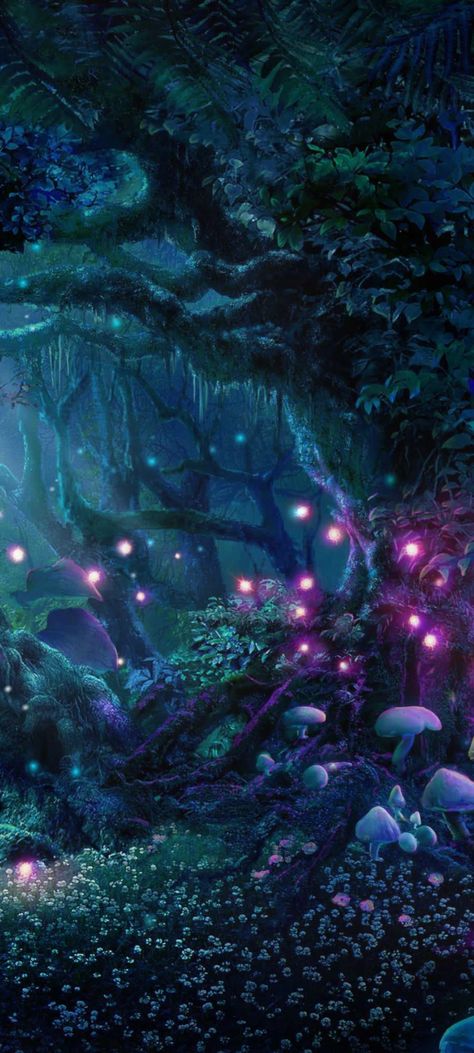 Magical Night Aesthetic, Cursed Forest Art, Magical Nature Art, Starry Forest Aesthetic, Heart Of The Forest, Mystical Dark Forest, Fantasy Forest Village Aesthetic, Fae Wilds Aesthetic, Magical Forest Aesthetic Night