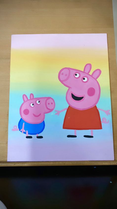 Acrylic painting on canvas. Ombre rainbow peppa pig Peppa Pig Canvas Painting, Acrylic Cartoon Painting, Cartoon Painting On Canvas, Cartoon Paintings Easy Canvas, Pig Acrylic Painting, Peppa Pig Painting, Taj Mahal Drawing, Peppa Pig Drawing, Peppa Pig Cartoon