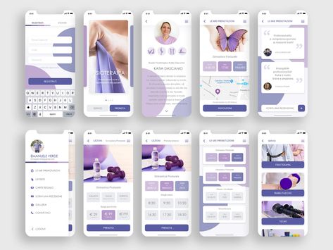 Physiotherapy App by Tina Bonis | Dribbble      App Design for Physical Therapy Practice in Rome, Italy. You can book and pay for your next appontment. Physical Therapy Branding, Moodboard App, Physio Clinic, Creative App Design, Ux Design Principles, Medical App, Therapy Practice, Wireframe Design, Healthcare Jobs