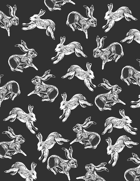 Hare repeat pattern by Charlotte Neve. Simple Black And White Background, Rabbit Background, Whimsical Bunny, Rabbit Wallpaper, Conversational Prints, Rabbit Illustration, Rabbit Pattern, Bunny Wallpaper, White Rabbits