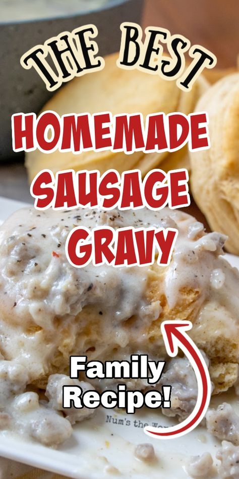 This Homemade Sausage Gravy is perfect over fluffy biscuits. This quick and easy recipe makes a great breakfast or brunch item. We love this as leftovers as the flavor just gets better! #sausage #biscuits #gravy #sausagegravy #biscuitsandgravy #breakfast #brunch #easter #christmas #porksausage #recipe #numstheword Biscuits And Gravy With Sausage, Sausage Gravy For Two, Diy Biscuits And Gravy, Bisquets And Sausage Gravy, Busicuts And Gravy Recipes Easy, Easy Homemade Sausage Gravy, Sausage Busicuts And Gravy Easy, Best Buiscits And Gravy Recipe, The Best Biscuits And Gravy