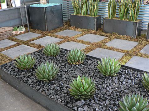 Modern Plant Bed, Black River Rock, & Succulents Modern Phoenix: The Neighborhood Network Cheap Landscaping Ideas, Succulent Landscape Design, Modern Front Yard, River Rock Landscaping, Succulent Landscaping, Florida Gardening, Desain Lanskap, Front Yard Design, Modern Landscape Design