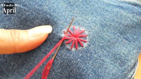 Patchwork, Mending A Hole With Embroidery, Repairing Jeans With Embroidery, Repair Holes With Embroidery, How To Patch A Hole In Jeans By Hand, How To Mend A Hole In Jeans, How To Embroider Holes In Clothes, Embroider Over Stains, How To Fix A Hole In Jeans With Embroidery