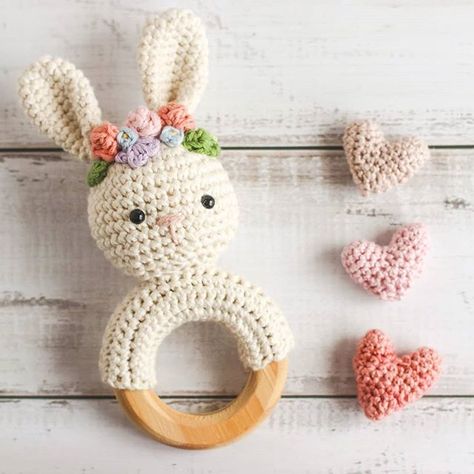 An adorable heirloom crochet rabbit rattle. This little rabbit with a flower crown would make such a special baby shower gift. Crochet rattle pattern. Amigurumi Patterns, Bunny Rattle Crochet, Rabbit Rattle Crochet Free Pattern, Crochet Rattle Free Pattern, Crochet Baby Rattle Free Pattern, Bunny With Flower Crown, Crochet Rattle Pattern, Rattle Crochet Pattern, Heirloom Crochet