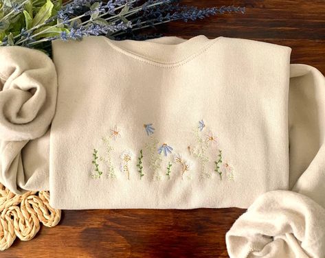 Embroidered sweatshirt | Etsy Patchwork, Sweatshirt Embroidery Ideas, Embroidery Sleeves, Embroider Ideas, Embroidery Crewneck, Embroidered Clothing, Embroidered Designs, Embroidered Crewneck, Embroidered Clothes