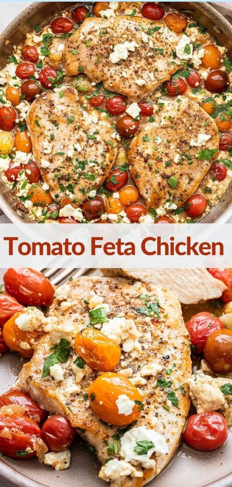 Chicken And Feta Recipes Dinners, Essen, Chicken Feta Tomato Pasta, Chicken With Feta Cheese And Tomatoes, Baked Chicken Feta, Chicken And Tomato Recipes Healthy, Dinner Ideas With Cherry Tomatoes, Chicken Feta Bake, Dinner Recipes With Cherry Tomatoes