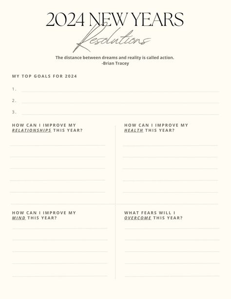 Printable New Years Resolution template useful for developing and sticking to your goals in the upcoming year. This item will help you identify your top goals for the year and help focus in on improving the key areas of your life such as your relationships, health, mind, and overcoming fears. Print this out and place in on your bathroom mirror, in a frame next to your bedside, or any other highly trafficked area! New Year Resolution Printable, 2024 New Year Resolutions Template, New Year’s Resolution Template, New Year Goal Setting Template, New Year's Resolutions Template, 2024 New Years Resolution, New Year Goals Template 2024, New Years Goals Template, Ins And Outs For 2024