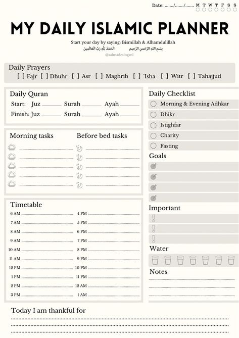 Daily Islamic Planner digitaltravelplanner 😫 Islamic Planner, Ramadan Tips, Daily Routine Planner, Study Planner Printable, To Do Planner, Daily Checklist, Daily Planner Pages, Routine Planner, Muslim Book