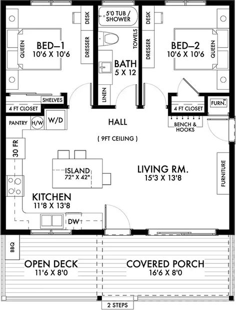 Accessory-dwelling-unit House Plan - 2 Bedrooms, 1 Bath, 800 Sq Ft Plan 29-178 Adu Floor Plans 800 Sq Ft, 750 Sq Ft Apartment Floor Plans, 2 Bedroom 800 Sq Ft House Plans, 2 Br Tiny House Floor Plans, Two Bedroom Adu Floor Plan, 24x28 House Plans, 1000 Sq Ft Basement Layout, Additional Dwelling Unit House Plans, 750 Sq Ft House Plans 2 Bedroom