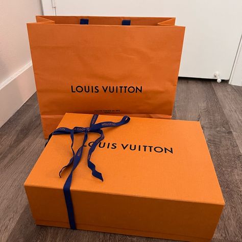 Authentic Lv Box Large With Decorative Bow And Shopping Bag Dimension: 14” X 10” X 5” Well Maintained And No Damage Leather, Louis Vuitton, Louis Vuitton Bags, Louis Vuitton Orange, Decorative Bows, Orange Bag, Louis Vuitton Bag, Shopping Bag, Orange