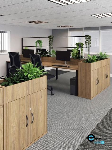 Studies have shown that including greenery in the office boosts productivity!🌿🍃These office planters are perfect for incoporating plants in the workplace and adding some more storage space at the same time!!🌻#biophilic #plants #officefurniture #officespace #officedesign Scandinavian Office Design Corporate, Modular Office Storage, Workstation With Plants, Office Planter Box Design, Office Plant Ideas, Biophilic Design Office Interiors, Office Biophilic Design, Office Nature Design, Boho Office Space Workspaces Business