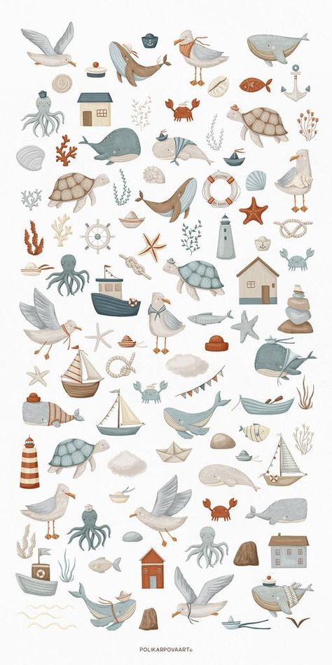 Collection "Sea Voyage" - children's illustrations and patterns Sailor Illustration, Nautical Clipart, Nautical Artwork, Ocean Illustration, Whale Illustration, Nautical Wallpaper, Sea Illustration, Ocean Kids, Nautical Pattern