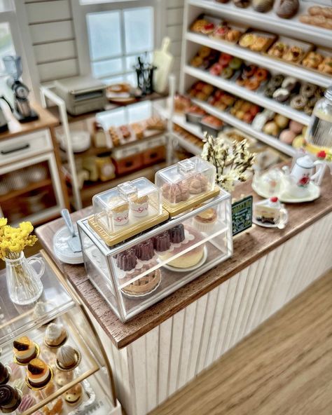 we’re still open despite typhoon signal no.8. 🧁✨🍰✨🧁✨🍰✨🧁✨🍰 welcome to my new bakery & pâtisserie café ❤️ which piece of cake would you… | Instagram Essen, Miniature Bakery Diy, Miniature Restaurant, Dollhouse Bakery, Miniature Cafe, Miniture Food, Mini Cafe, Bakery Shop Design, Cute Bakery