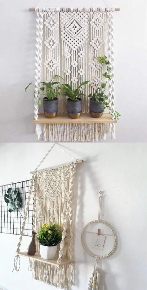 Cottagecore Wall Decor Ideas, Bedroom Shelf, Macrame Hanging Shelf, Shelf Bedroom, Macrame Shelf, Macrame Plant Hanger Patterns, Macrame Wall Hanging Diy, Macrame Wall Hanging Patterns, Deco Originale