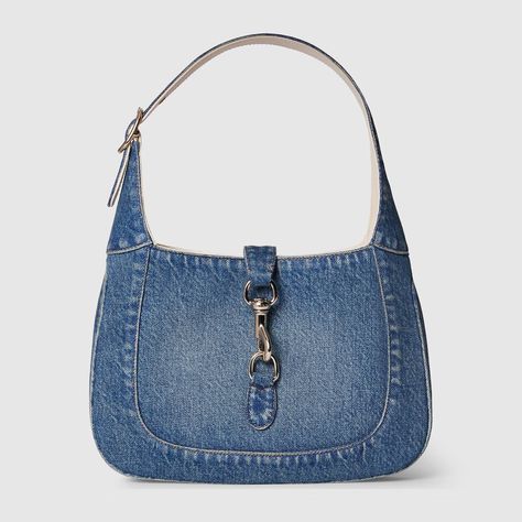 Gucci Jackie small shoulder bag in blue denim | GUCCI® International Gucci Jackie, Group Gifts, Fancy Bags, Marthas Vineyard, Jeans Bag, Coastal Cottage, Gift Exchange, Small Shoulder Bag, Free Logo