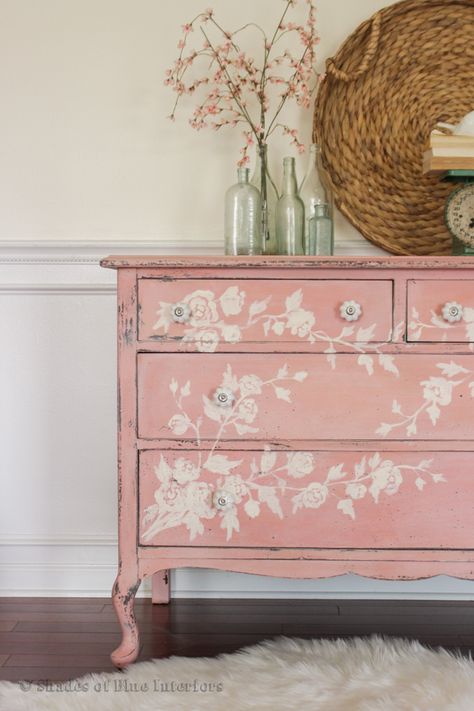 Pink Floral Dresser + White Chippy Dresser with DecorSteals Knobs - Shades of Blue Interiors Refurbished Furniture, Pink Painted Furniture, Pink Dresser, Pink Furniture, Shabby Chic Dresser, Stencil Furniture, Dresser Decor, Distressed Furniture, Furniture Makeovers