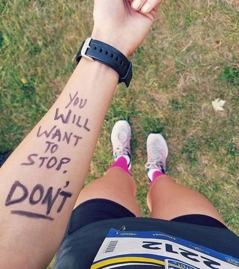 You will want to stop, Don't. Friendly self reminder. You are not weird to write on yourself. {Workout Motivation, Fitness Motivation} Running Quotes, Half Marathon Training Quotes, Marathon Training Quotes, Track Quotes, Marathon Motivation, Running Motivation Quotes, Cross Country Running, Motiverende Quotes, Running Inspiration