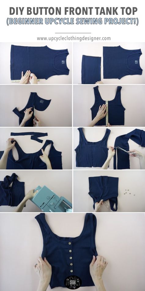 Try this DIY button front tank top from your old clothes. Making a non-functional button placket is the key to this upcycle project. This step by step tutorial teaches you how to hand sew buttons correctly and sew knits easily. Upcycle Clothes Thrift Store, Upcycle Clothes Diy No Sew, Upcycle Clothes Refashioning, Upcycle Clothes Diy Refashioning, Clothes Refashioning, Tank Tops Diy, Clothes Upcycle, Thrift Store Upcycle, Upcycle Clothes Diy