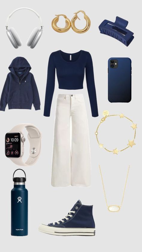 dark-blue-Kogmo-Long-Sleeve-Crop-Top-white-EXTE-denim-trousers-dark-blue-Ralph-Lauren-French-Terry-Hoodie-Converse-Hi-Navy-golden-assesories-Hydro-Flask-bottle, Stockholm style, Stockholm outfits, fall outfits, autumn outfit, casual outfits, fashion outfits, lookbook outfits, everyday outfits, outfit inspo, back-to-school-outfits, college outfit, uni outfit, university outfit, Streetwear fashion, work outfits women, fall 2023 fashion trends Skandinavian Fashion, Alledaagse Outfits, Populaire Outfits, Stockholm Style, Casual Preppy Outfits, Cute Lazy Day Outfits, Trendy Outfits For Teens, School Looks, Mode Ootd