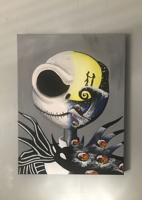 Aesthetic Jack Skellington Wallpaper, Half And Half Canvas Painting Ideas, Jack Skellington Artwork, Tim Burton Canvas Painting, Disney Halloween Paintings On Canvas, Half Paintings Canvas, Jack The Skeleton Painting, Creepy Canvas Paintings, Half And Half Painting Canvas