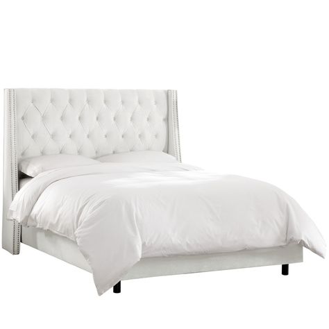 This bed brings contemporary sophistication to your bedroom. This beautiful button-tufted bed features an updated wingback design, accented with nailhead trim for a well-dressed look. Overall Width: 68 Inches Overall Height: 56 Inches Overall Depth: 85 Inches Bottom of Headboard to floor: 24 Inches Bottom rail to floor: 4 Inches Top rail to floor: 13.5 Inches Bed Frame to Floor: 6 Inches Full Size Upholstered Bed, Button Tufted Bed, Bed Velvet, King Upholstered Bed, Wingback Bed, Queen Upholstered Bed, Tufted Bed, Skyline Furniture, Relaxing Bedroom