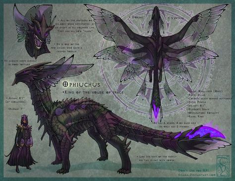 Azmeth - A dragon with three sets of wings for faster flying, can shoot laser from mouth, uses crystal at the end of its tail as a power source 4 Wings Dragon, Six Winged Dragon, Dragon Like Creatures, 4 Winged Dragon, Flying Fantasy Creatures, Wings Creature, Four Winged Dragon, Space Wings, Monster People