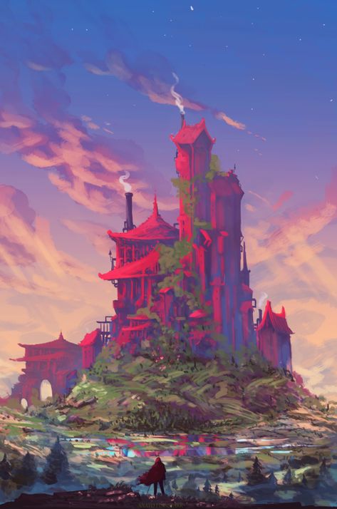 The red Kingdom ( speedpaint 1h45 ) by AnatoFinnstark Tumblr, Red Kingdom, Kingdom City, Color Concept, Landscape Concept, Camp Fire, Children Books, Fantasy Castle, Fantasy Places
