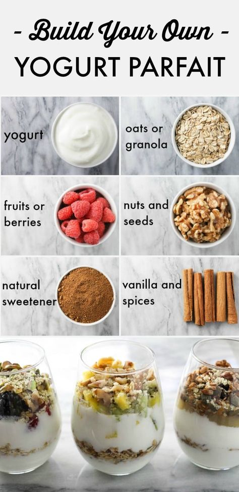 Oat And Yogurt Breakfast, Oats And Yogurt Breakfast, Easy Breakfast Parfait, Granola Parfait Recipe, Diy Parfait Bar, Yogurt Parfait Bar Buffet, Granola And Yogurt Breakfast, Yogurt Combinations, Yogurt With Oats