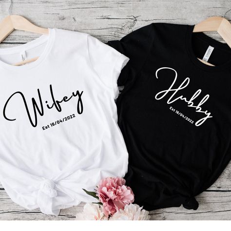 Wifey Hubby Shirts, Wifey Hubby Est 2022 Shirt, Just married Couples Shirts, Husband and Wife Shirt, Custom mr and mrs Shirts, honeymoon tee by MomentDesignBoutique on Etsy Hubby Wifey Shirts, Married Shirt, Engaged Shirts, Wedding Party Shirts, Couple Tees, Honeymoon Shirts, Husband Shirts, Matching Couple Shirts, Wedding Shirts