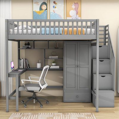 This stylish loft bed has a built-in desk, combined with the spacious space under the bed, providing you with a perfect study area. This bed is made of high-quality pine and MDF, which is strong and durable, supported by wooden slats, and does not need box springs. There is a wardrobe under the bed with a hanging rod for storing clothes, toys, etc. Multiple storage shelves and a drawer also provide you with sufficient storage space to help you save space. Due to different photographic light sour Bunk Bed And Study Table, Office Bunk Bed, Desk And Bed Combo, Bunk Bed With Office Underneath, Under Bed Desk, Bunk Bed With Space Underneath, Loft Bed With Desk Ideas, Teen Loft Beds, Corner Loft Bed