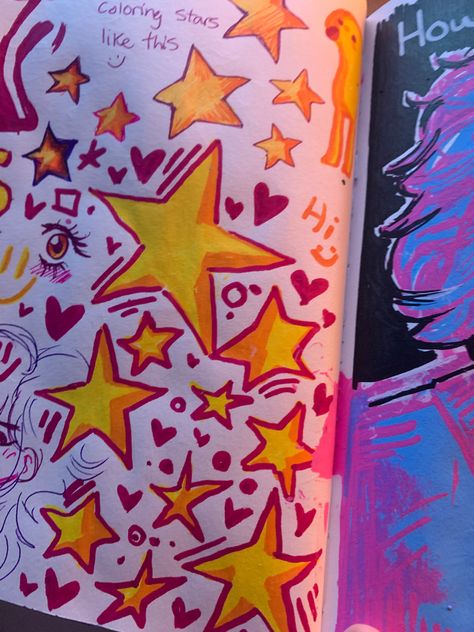 Love Sketch Aesthetic, Pretty Graffiti Art, Ways To Decorate Your Sketchbook Cover, Sketchbook Ideas Colorful, Art Collab Template 2 People, Cool Sketch Book Pages, Doodles In Books, Idea For Sketchbook, Colorful Sketchbook Ideas