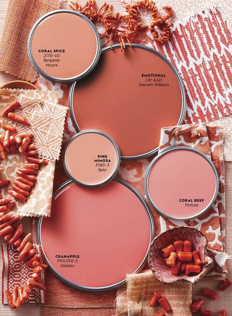 Color Report: Crushing on Coral Dark Coral Paint Color, Muted Coral Paint, Coral Bathroom Ideas, Pink Paint Palette, Coral Interior Design, Coral Office, Coral Bedroom Decor, Coral Room Decor, Coral Beach House