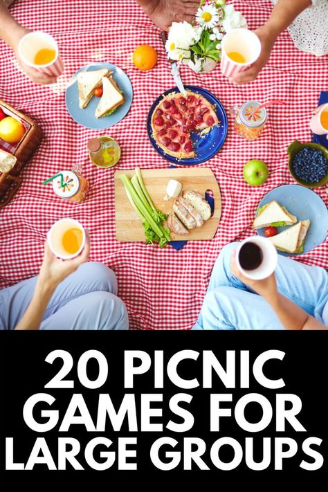 Here, we share 20 of our FAVORITE picnic games that large groups can enjoy this summer! Read more at OwnTheYard.com! Picnic Birthday Party Games, Old Fashioned Picnic Games, Cookout Activities For Adults, Picknick Games, Games To Play At A Picnic, Picnic Day Activities, Activities For Picnic, Games For Picnic Ideas, Large Picnic Party