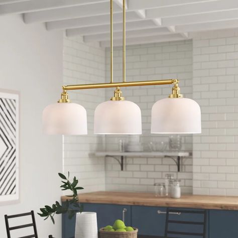 Beachcrest Home Barahona 3 - Light Kitchen Island Pendant & Reviews | Wayfair Two Pendant Lights Over Kitchen Island, Lights Above Kitchen Island, Kitchen Chandelier Island, Light Over Sink, Canned Lighting, Linear Light Fixture, Lights Over Dining Table, Swag Pendant Light, Kitchen Island Lighting Modern