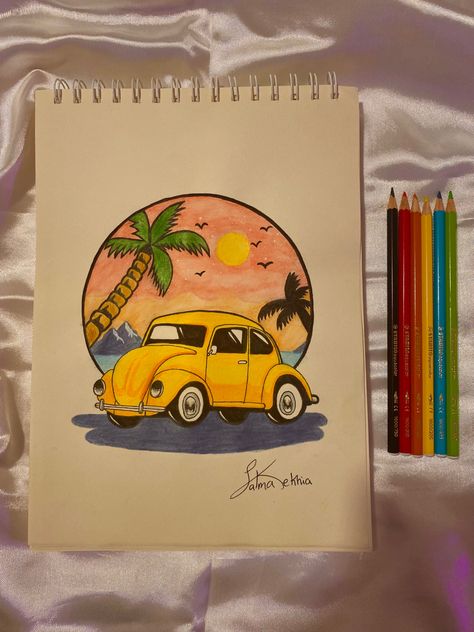 #sunset #beetle #beach #volkswagen #car #pencil #drawing #art Croquis, Mini Car Drawing, Volkswagen Beetle Painting, Beetle Car Drawing, Car Pencil Drawing, Volkswagen Bus Drawing, Aesthetic Colored Pencil Drawings, Volkswagen Beetle Drawing, Volkswagen Drawing