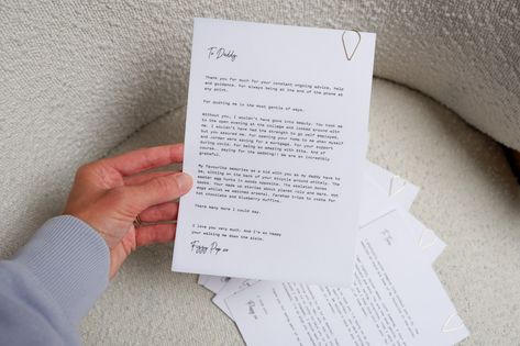 The big day is here and now it's time to tell your loved ones how much they mean to you with these unique personalised letters. These are for anyone and everyone including Bridesmaids, Parents, Friends, Husband or Wife. ♡ S P E C I F I C A T I O N S ♡ - Letters are printed flat (not folded) size A5 (Approx 148 x 210mm) - Printed on 200gsm Vellum and backed on to white matte 300gsm card - Attached together with a gold teardrop clip If there isn't room in the personalisation box please send your text in a message after you have placed your order, alternatively you can email it to: paperpastrydesign@gmail.com. 1. PERSONALISATION - *Please try to limit your limit your letters to 250 words max per letter. Enter your text in the personalisation field exactly how you want it printed, including pa Letters To Bridesmaids From Bride, Letter To Bridesmaid, Bridesmaid Proposal Letter, Bridesmaid Letter, Letters To My Husband, Proposal Letter, Wedding Letters, To My Husband, Letter To Yourself