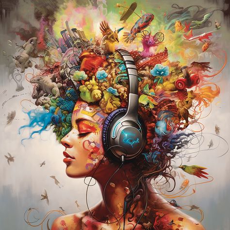 This art and corresponding merchandise is available at Zazzle. An abstract digital painting of a woman listening to music that surrounds her. abstract, digital painting, woman, music, listening, headphones, sound, audio, abstract art, digital art, digital illustration, music lover, musical, immersive, surround sound, vibrant, colorful, audio waves, melodic, rhythm, harmony, abstract expressionism, artistic, creativity, emotion, atmospheric, surreal, dreamlike, ethereal, contemporary Music Art Painting Abstract, Music Fantasy Art, Color Harmony Art, Art Lover Aesthetic, Abstract Music Painting, Music Lover Aesthetic, Headphone Art, Abstract Music Art, Music Digital Art