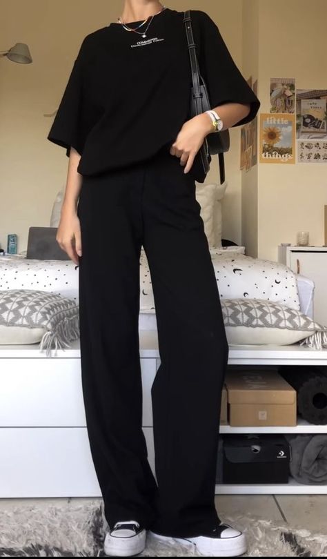 All Black Outfit Aesthetic Classy, Elegant But Comfy Outfits, All Black Basic Outfits, Black Trousers And Sneakers Outfit, Summer Outfits Black Pants, Wide Legged Black Pants Outfit, Black Ribbed Pants Outfit, Outfit Inspo Teacher, Black Pants And Black Top Outfit