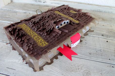 Monster Book of Monsters Pinata from Harry Potter - Jonesing2Create Balayage, Diy Harry Potter Pinata, Harry Potter Pinata Diy, Harry Potter Pinatas, Harry Potter Pinata, Pinatas Ideas, Monster Pinata, Book Decorations, Make A Monster