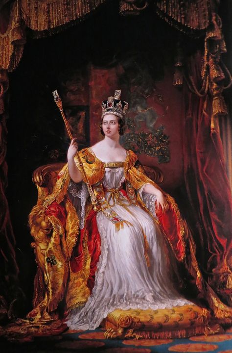 Queen Victoria Enthroned, 1838 by Sir George Hayter, Victoria in her coronation robes & wearing the Imperial State Crown remade for her use. Queen Victoria Aesthetic, Coronation Aesthetic, Queen Victoria Painting, Queen Victoria Portrait, Queen Victoria Coronation, Queen Victoria Crown, Queen Painting, Royal Lineage, Era Victoria